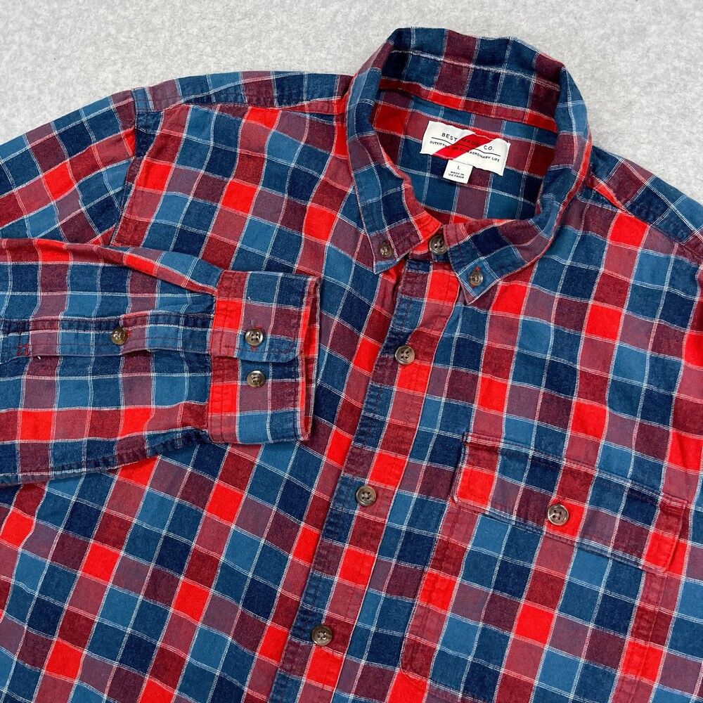 Best Made Co Flannel Shirt Mens Large Red Blue Plaid Linen Cotton Blend Preppy